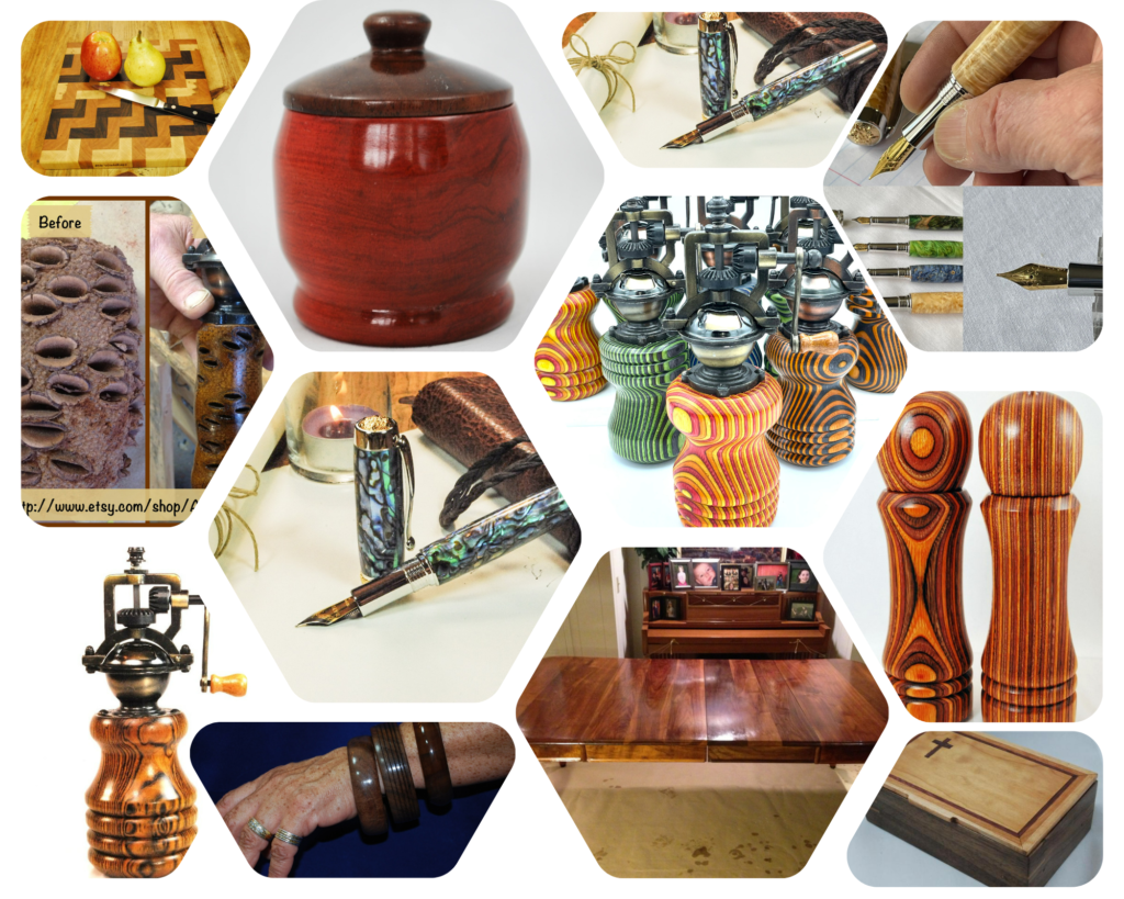 photo of several images of items handmade with wood and tools for ASH Woodshops. These items sell well in woodcraft business.